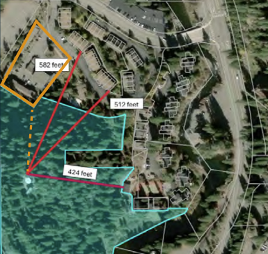 Annotated aerial map of the site showing the Alpine Village Apartments, Alpine Manor, and River Run developments and their 424–582-foot distances to the proposed tower.